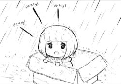 Rule 34 | 1girl, adepta sororitas, blunt bangs, bob cut, box, cardboard box, chibi, commentary, english commentary, english text, for adoption, greyscale, in box, in container, lutherniel, monochrome, open mouth, rain, sad, short hair, solo, warhammer 40k, wet