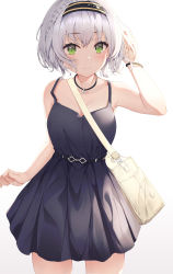 Rule 34 | 1girl, absurdres, alternate costume, arm up, bag, bare shoulders, belt, black dress, braid, breasts, casual, cleavage, cowboy shot, dress, french braid, hairband, highres, hololive, jewelry, keis (locrian1357), looking at viewer, medium breasts, necklace, shirogane noel, short hair, shoulder bag, silver hair, simple background, sleeveless, sleeveless dress, smile, solo, spaghetti strap, sundress, virtual youtuber, white background, wristband