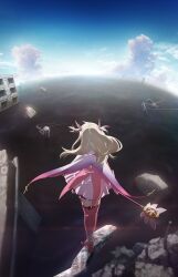 Rule 34 | 1girl, absurdres, blue sky, boots, cloud, commentary request, day, dress, elbow gloves, fate/kaleid liner prisma illya, fate (series), feather hair ornament, feathers, from behind, full body, gloves, grey hair, hair ornament, highres, holding, holding wand, illyasviel von einzbern, kaleidostick, key visual, long hair, magical girl, official art, outdoors, pink dress, pink footwear, pink gloves, prisma illya, promotional art, ruins, sky, solo, standing, thigh boots, thighhighs, wand, water, zettai ryouiki