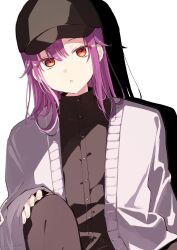 Rule 34 | 1girl, :o, absurdres, baseball cap, black hat, black jacket, commentary, copyright request, drop shadow, gakuran, grey jacket, hair between eyes, hat, highres, jacket, long hair, long sleeves, looking at viewer, open clothes, open jacket, parted lips, purple hair, red eyes, school uniform, simple background, sleeves past wrists, sofra, solo, symbol-only commentary, upper body, white background