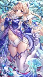 Rule 34 | 1girl, absurdres, blue bow, blue eyes, blue hair, blush, bow, breasts, commentary request, detached collar, detached sleeves, fish, frilled sleeves, frills, genshin impact, gloves, hair ornament, half gloves, highres, jellyfish, long hair, long sleeves, looking at viewer, midriff, multicolored hair, navel, no shoes, nyamaso, parted lips, partial commentary, pink hair, sangonomiya kokomi, short eyebrows, shorts, solo, streaked hair, thick eyebrows, thighhighs, twitter username, underwater, vision (genshin impact), white gloves, white shorts, white thighhighs, wide sleeves
