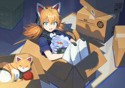 Rule 34 | 1girl, betty (neural cloud), blue eyes, blue shirt, bowl, box, butyou (mika1412), cardboard box, cat, cat tail, commentary, cross-shaped pupils, fang, fish, fishbowl, girls&#039; frontline, girls&#039; frontline neural cloud, goldfish, hair between eyes, headphones, highres, holding, holding bowl, idw (girls&#039; frontline), in box, in container, indoors, long hair, looking at viewer, mechanical ears, mechanical hands, mechanical legs, open mouth, orange hair, robot, robot cat, shadow, shirt, short sleeves, sitting, solo, surprised, sweatdrop, symbol-shaped pupils, tail, twintails, yarn, yarn ball