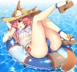 Rule 34 | 1girl, animal ears, ass, bikini, blouse, blue bikini, blush, breasts, cameltoe, cleft of venus, day, ears through headwear, fate/grand order, fate (series), fox ears, fox tail, hair between eyes, hat, innertube, knee up, large breasts, leg up, long hair, looking at viewer, lying, ocean, on back, open mouth, outdoors, pink hair, plantar flexion, sandals, sasorigatame, see-through, shirt, short sleeves, side-tie bikini bottom, smile, solo, straw hat, swim ring, swimsuit, tail, taiyakiankomonaka, tamamo (fate), tamamo no mae (fate/extra), tamamo no mae (swimsuit lancer) (fate), tamamo no mae (swimsuit lancer) (second ascension) (fate), thighs, wet, wet clothes, wet shirt, white shirt, yellow eyes