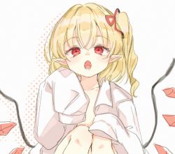 Rule 34 | + +, 1girl, :o, blonde hair, collarbone, crystal, fangs, flandre scarlet, flat chest, floppy sleeves, hair between eyes, hair ribbon, knees up, light blush, no headwear, one side up, open clothes, open shirt, paragasu (parags112), pointy ears, red eyes, red ribbon, ribbon, shirt, short hair, simple background, sitting, sleeves past fingers, sleeves past wrists, solo, teeth, touhou, upper body, white background, white shirt, wings