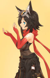 Rule 34 | 1girl, animal ear fluff, animal ears, arknights, bare shoulders, black hair, breasts, clothes around waist, commentary, courier (arknights), courier (elite ii) (arknights), cowboy shot, elbow gloves, eyewear on head, fingerless gloves, from side, genderswap, genderswap (mtf), gloves, goggles, goggles on head, highres, impossible clothes, looking at viewer, looking to the side, medium breasts, neriw, parted lips, red gloves, red scarf, scarf, short hair, sidelocks, sideways glance, simple background, solo, yellow background