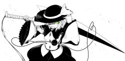 Rule 34 | 1girl, bandages, black hat, bleach, bow, breasts, buttons, collar, diamond button, frilled collar, frilled sleeves, frills, green eyes, grin, hat, hat bow, hat over one eye, hat ribbon, heart, heart of string, highres, holding, holding clothes, holding hat, holding sword, holding weapon, jacket, komeiji koishi, long sleeves, long sword, medium hair, monochrome, parody, ribbon, senzaicha kasukadoki, sidelocks, simple background, skirt, small breasts, smile, solo, stitches, sword, teeth, third eye, touhou, wavy hair, weapon, white background, wide sleeves, zangetsu (shikai)