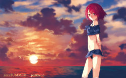 Rule 34 | 1girl, arms behind back, blush, bracelet, cloud, crop top, highres, horizon, janus, jewelry, looking at viewer, midriff, navel, ocean, original, red eyes, red hair, skirt, solo, sun, sunset, swimsuit, swimsuit under clothes, wading