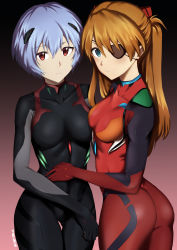 Rule 34 | 2girls, arm around shoulder, ass, asymmetrical docking, ayanami rei, black bodysuit, blue eyes, blue hair, bodysuit, breast press, brown hair, evangelion: 3.0 you can (not) redo, expressionless, eyepatch, gluteal fold, gradient background, hand on another&#039;s waist, highres, light blush, looking at viewer, multiple girls, neon genesis evangelion, plugsuit, rebuild of evangelion, red bodysuit, red eyes, rororo, souryuu asuka langley, thigh gap