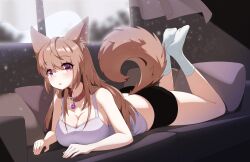 Rule 34 | 1girl, :o, animal collar, animal ear fluff, animal ears, arm support, bare arms, bare shoulders, black shorts, breasts, brown hair, camisole, cleavage, collar, collarbone, couch, curtains, dog ears, dog girl, dog tail, expressionless, eyelashes, feet up, full body, highres, indoors, knees apart feet together, large breasts, long hair, lying, no shoes, nyaseiru, on couch, on stomach, open mouth, original, pillow, pink eyes, red collar, short shorts, shorts, socks, solo, straight hair, tail, the pose, white camisole, white socks, wind, window