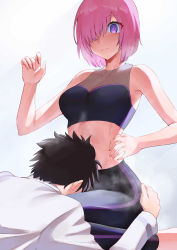Rule 34 | 1boy, 1girl, absurdres, bare arms, bare shoulders, between legs, bike shorts, black hair, blush, breasts, cleavage, closed mouth, collarbone, commentary, covered collarbone, fate/grand order, fate (series), fujimaru ritsuka (male), grey background, hair over one eye, hand up, highres, jacket, large breasts, looking at viewer, mash kyrielight, medium breasts, navel, pants, purple eyes, rororo, short hair, simple background, sports bra, steam, stomach, sweat, white jacket