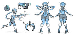 Rule 34 | 1girl, ass, blue eyes, breasts, character sheet, firing, gun, handgun, large breasts, maniacpaint, muzzle flash, n01sb, original, pigeon-toed, robot, running, smile, solo, weapon