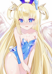 Rule 34 | 1girl, absurdres, alternate costume, angel, angel wings, animal ears, bare arms, bare shoulders, blonde hair, blue eyes, blue hairband, blue leotard, blunt ends, blush, breasts, cameltoe, cleavage, collarbone, colored eyelashes, commentary, covered navel, covering privates, covering crotch, cowboy shot, curvy, embarrassed, eyes visible through hair, fake animal ears, fake tail, frown, groin, hair between eyes, hairband, heart, heart in eye, highres, imoe (1017933989), leotard, long hair, looking at viewer, nose blush, open mouth, own hands together, playboy bunny, rabbit ears, rabbit tail, shiny skin, shirayuki noa, sidelocks, simple background, small breasts, solo, standing, straight hair, symbol in eye, tail, tenshi souzou re-boot!, two side up, v arms, very long hair, white background, wing hair ornament, wings