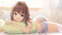 Rule 34 | 1girl, :d, ass, bare arms, bare shoulders, blanket, braid, brown hair, butt crack, camisole, crop top, grey eyes, grey shorts, hair ornament, hairclip, lampshade, long hair, looking at viewer, lying, micro shorts, midriff, nijihashi sora, on bed, on stomach, open mouth, original, pillow, shirt, short shorts, shorts, side slit, sleeveless, sleeveless shirt, smile, solo, strap slip, thighs