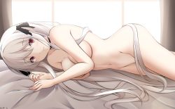 Rule 34 | 1girl, backlighting, bed sheet, black bow, bow, breasts, cleavage, closed mouth, curtains, fingernails, girls&#039; frontline, grey hair, groin, hair between eyes, hair bow, hair censor, hands up, highres, kar98k (girls&#039; frontline), keenh, large breasts, long hair, lying, navel, nude, on side, red eyes, sidelocks, smile, solo, sunlight, very long hair, window