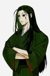 Rule 34 | 1boy, alternate costume, black eyes, black hair, blood, blood on clothes, blood on face, crossed arms, expressionless, green kimono, highres, hunter x hunter, illumi zoldyck, japanese clothes, kimono, long hair, long sleeves, male focus, oi2rumi, simple background, solo, upper body, white background