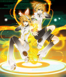 Rule 34 | 1boy, 1girl, absurdres, ankle boots, aqua eyes, arm warmers, bad id, bad pixiv id, bass clef, binary, blonde hair, boots, brother and sister, crossdressing, detached sleeves, hair ornament, hair ribbon, hairclip, headphones, high heel boots, high heels, highres, kagamine len, kagamine len (append), kagamine rin, kagamine rin (append), leg warmers, navel, revision, ribbon, rico (fbn3), short hair, shorts, siblings, treble clef, twins, vocaloid, vocaloid append