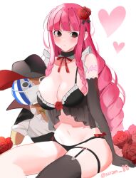 Rule 34 | 1girl, alternate costume, arm tattoo, babydoll, bat tattoo, black babydoll, black eyes, black gloves, black panties, black thighhighs, blunt bangs, blush, bra, braid, breasts, cleavage, closed mouth, commentary, cosplay, detached collar, dracule mihawk, dracule mihawk (cosplay), drill hair, elbow gloves, english commentary, feet out of frame, flower, gloves, hair flower, hair ornament, heart, joman, kumacy, large breasts, lingerie, long hair, looking to the side, navel, neck ribbon, one piece, panties, perona, pink hair, pout, red ribbon, ribbon, rose, side braids, sidelocks, simple background, single thighhigh, sitting, solo, stomach, tattoo, thigh strap, thighhighs, twitter username, underwear, v-shaped eyebrows, white background