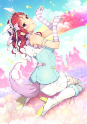 Rule 34 | 1girl, :o, angel wings, animal ears, armlet, blush, boots, colored stripes, diadem, dress, fingerless gloves, frilled shorts, frills, full body, gem, gloves, hair ornament, hair ribbon, hairpin, high heel boots, high heels, highres, knee boots, long hair, looking at viewer, looking back, love live!, love live! school idol festival, love live! school idol project, nishikino maki, on cloud, over-kneehighs, paw pose, purple eyes, red hair, ribbon, short hair, shorts, sitting, sleeveless, solo, star (symbol), striped clothes, striped gloves, striped thighhighs, tail, thighhighs, white footwear, white ribbon, white shorts, wings, yana mori