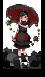 Rule 34 | 1girl, black border, black dress, black eyes, black footwear, black hair, black umbrella, blunt bangs, border, bow, buttons, center frills, closed mouth, collared dress, commentary request, cube, dot nose, dress, footwear bow, frilled umbrella, frills, full body, globe, highres, holding, holding umbrella, looking at viewer, medium hair, monochrome background, multi-tied hair, multicolored hair, original, parasol, puffy short sleeves, puffy sleeves, red bow, red hair, red trim, red umbrella, shoes, short eyebrows, short sleeves, smile, socks, solo, streaked hair, thick eyebrows, two-sided fabric, two-sided umbrella, umbrella, uni no, white background, white hair, white socks