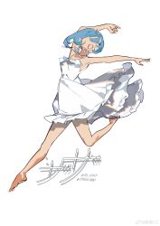 Rule 34 | 1girl, ^ ^, absurdres, bare arms, bare legs, bare shoulders, barefoot, blue hair, character name, chinese commentary, closed eyes, commentary request, dress, frilled dress, frills, full body, hair over one eye, happy, highres, jamaican daningan, knees, mahou shoujo madoka magica, mahou shoujo madoka magica (anime), miki sayaka, open mouth, ouge dz, ribbon, short hair, simple background, sleeveless, sleeveless dress, smile, solo, spaghetti strap, sundress, toes, weibo watermark, white background, white dress, white ribbon