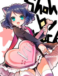 Rule 34 | 10s, 1girl, :d, amamine, animal ears, artist name, bad id, bad pixiv id, bell, black hair, blush, cat ears, cat tail, copyright name, curly hair, cyan (show by rock!!), dress, english text, frilled dress, frilled skirt, frills, guitar, hair ornament, happy, heart guitar, instrument, jingle bell, looking at viewer, open mouth, show by rock!!, skirt, smile, solo, strawberry heart (show by rock!!), striped clothes, striped thighhighs, tail, thighhighs, thighs, twitter username, white background