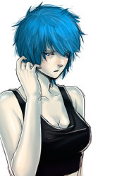 Rule 34 | 1girl, alternate hair length, alternate hairstyle, blue eyes, blue hair, blush, breasts, cleavage, crop top, hand in own hair, leona heidern, matching hair/eyes, nose, pale skin, pemi, short hair, shy, solo, tank top, the king of fighters, upper body