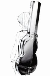 Rule 34 | 1girl, cello, cowboy shot, from behind, greyscale, guitar case, instrument, instrument case, looking back, monochrome, original, short hair, simple background, solo, sousou (sousouworks)