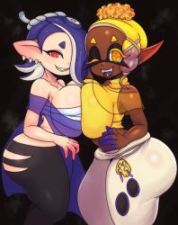 Rule 34 | + +, 2girls, ass, bandages, black background, blonde hair, blue hair, breast press, breasts, curvy, dark skin, domino mask, earrings, eyebrows, eyelashes, fangs, frye (splatoon), hair ornament, hair over one eye, highres, huge ass, huge breasts, inkling player character, jewelry, looking at viewer, mask, mato spectoru, multiple girls, nintendo, octoling player character, one eye closed, open mouth, pants, pointy ears, red eyes, see-through, shiver (splatoon), short hair, side ponytail, smile, splatoon (series), splatoon 3, symbol-shaped pupils, symmetrical docking, tank top, tentacle hair, thick thighs, thighs, torn clothes, wink, yellow eyes