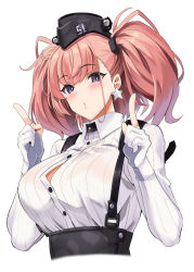 Rule 34 | 1girl, anchor hair ornament, atlanta (kancolle), black hat, blush, breasts, brown hair, cropped torso, dress shirt, earrings, garrison cap, gloves, grey eyes, hair ornament, hat, index fingers raised, jewelry, kantai collection, kyogoku shin, large breasts, long hair, long sleeves, partially fingerless gloves, puckered lips, shirt, simple background, solo, star (symbol), star earrings, suspenders, two side up, upper body, white background, white shirt