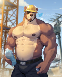 Rule 34 | 1boy, abs, absurdres, animal ears, bara, bear boy, bear ears, bottle, brown fur, bulge, construction site, construction worker, cowboy shot, eyepatch, furry, furry male, hairy, hard hat, helmet, highres, large pectorals, looking at viewer, male focus, muscular, muscular male, navel, nipples, original, pectorals, shan yao jun, short hair, solo, sparse arm hair, sparse chest hair, sparse navel hair, stomach, strongman waist, sweat, thick eyebrows, topless male, water bottle