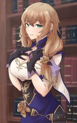 Rule 34 | 1girl, absurdres, black gloves, book, bookshelf, breasts, brown hair, cleavage, commentary request, dress, earrings, genshin impact, gloves, green eyes, hands on own chest, highres, jewelry, large breasts, lenasy, lisa (genshin impact), looking at viewer, parted lips, purple dress, short sleeves, solo, upper body