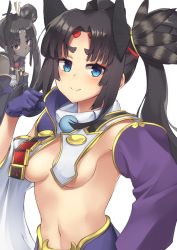 Rule 34 | 2girls, armor, asymmetrical sleeves, black hair, black skin, blue eyes, blush, breasts, clenched hand, colored skin, dark-skinned female, dark persona, dark skin, detached sleeves, fate/grand order, fate (series), gloves, hair ornament, hat, japanese armor, kusazuri, long hair, looking at viewer, medium breasts, mismatched sleeves, multiple girls, navel, no bra, pinta (ayashii bochi), pom pom (clothes), purple gloves, revealing clothes, side ponytail, simple background, smile, thick eyebrows, underboob, upper body, ushiwakamaru (corrupted) (fate), ushiwakamaru (fate), very long hair, white background