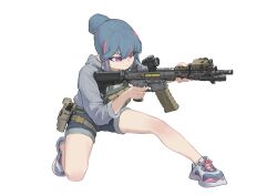 Rule 34 | 1girl, absurdres, ammunition pouch, ar-15, blue hair, bulletproof vest, gun, handgun, highres, holstered, hood, hoodie, kneeling, magazine (weapon), multicolored hair, on one knee, original, pilot webber, pink eyes, pink hair, pouch, rifle, shoes, shorts, sleeves rolled up, sneakers, solo, tactical clothes, weapon