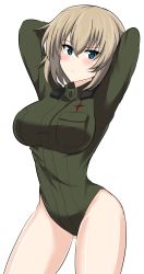 Rule 34 | 1girl, absurdres, adapted costume, aged up, aikir (jml5160), arms behind head, arms up, blonde hair, blue eyes, blush, bob cut, breasts, closed mouth, commentary, cowboy shot, frown, girls und panzer, green leotard, highres, katyusha (girls und panzer), large breasts, leotard, long sleeves, looking at viewer, military, military uniform, one-hour drawing challenge, pravda military uniform, short hair, simple background, solo, standing, uniform, white background