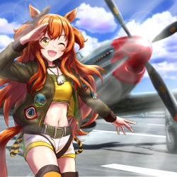 Rule 34 | 1girl, absurdres, aircraft, airfield, airplane, animal ears, bomber jacket, bow, brown jacket, canopy (aircraft), cheesecake (artist), commentary, crop top, diffraction spikes, dog tags, ear bow, hair between eyes, highres, horse ears, horse girl, horse tail, jacket, lens flare, long hair, long sleeves, looking at viewer, mayano top gun (umamusume), midriff, navel, one eye closed, open clothes, open jacket, open mouth, orange eyes, orange hair, p-51 mustang, propeller, pun, salute, short shorts, shorts, sidelocks, solo, tail, tank top, two side up, umamusume, white shorts, yellow tank top