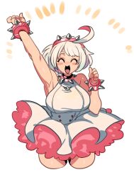 Rule 34 | 1girl, ahoge, armpits, bare shoulders, blush, blush stickers, bracelet, breasts, collar, dress, elphelt valentine, frilled dress, frills, guilty gear, guilty gear strive, hairband, huge ahoge, jewelry, large breasts, nanika (nnkgh), no jacket, open mouth, pink dress, pink hairband, short hair, smile, spiked bracelet, spiked collar, spiked hairband, spikes, two-tone dress, white dress, white hair
