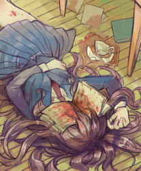 Rule 34 | 1girl, absurdres, ambiguous red liquid, arm up, blazer, blue jacket, blue skirt, book, book on head, broken cup, brown hair, collared shirt, commentary request, covered face, cup, from above, hair spread out, hand on own stomach, highres, indoors, jacket, long hair, long sleeves, lying, necktie, object on head, on back, original, paper, pleated skirt, puddle, red necktie, sakutake (ue3sayu), shirt, skirt, solo, stain, teacup, white shirt, wooden floor