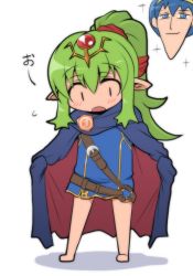 Rule 34 | 1boy, 1girl, blue eyes, cosplay, fire emblem, fire emblem: mystery of the emblem, fire emblem awakening, green hair, kara age, lucina (fire emblem), lucina (fire emblem) (cosplay), marth (fire emblem), nintendo, no pants, open mouth, pointy ears, simple background, tiki (adult) (fire emblem), tiki (fire emblem)