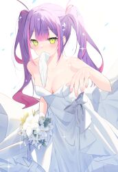 1girl absurdres bare_arms blush bouquet breasts cleavage dress flower green_eyes highres holding holding_bouquet hololive long_hair medium_breasts mouth_hold multicolored_hair pink_hair purple_hair solo strapless strapless_dress tachibana_shiro tokoyami_towa twintails two-tone_hair very_long_hair virtual_youtuber wedding_dress white_background white_dress white_flower