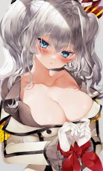 Rule 34 | 1girl, blue eyes, blush, bound, bound wrists, breasts, brown shirt, cleavage, closed mouth, epaulettes, frilled sleeves, frills, gloves, grey background, hair between eyes, highres, irokiiro, jacket, kantai collection, kashima (kancolle), large breasts, long hair, looking at viewer, military, military uniform, off shoulder, open clothes, open jacket, open shirt, shirt, silver hair, simple background, solo, twintails, uniform, upper body, white gloves