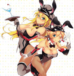 Rule 34 | 10s, 2girls, adapted costume, alternate costume, animal ears, bare shoulders, bismarck (kancolle), black gloves, blonde hair, blue eyes, blush, boots, bow, bowtie, breasts, cherry, cleavage, cocktail glass, cup, detached collar, detached sleeves, drinking glass, fake animal ears, fishnet pantyhose, fishnets, food, fruit, gloves, green eyes, hat, kantai collection, large breasts, long hair, looking at viewer, multiple girls, one eye closed, pantyhose, playboy bunny, pochi (pochi-goya), prinz eugen (kancolle), rabbit ears, rabbit tail, tail, thighhighs, thighhighs over pantyhose, tray, twintails, white gloves, wrist cuffs