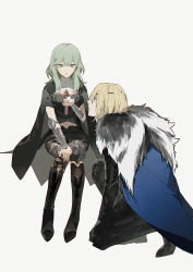 Rule 34 | 1boy, 1girl, absurdres, armor, bad id, bad pixiv id, black cape, black footwear, black gloves, black shorts, blonde hair, blue cape, blue eyes, boots, breasts, byleth (female) (fire emblem), byleth (fire emblem), cape, dimitri alexandre blaiddyd, eyebrows hidden by hair, fire emblem, fire emblem: three houses, flower, fur-trimmed cape, fur trim, gloves, greaves, green eyes, green hair, grey background, hair between eyes, hand on own knee, highres, holding, holding flower, knee boots, long hair, navel, nintendo, on one knee, pink flower, profile, short shorts, short sleeves, shorts, simple background, sitting, small breasts, vambraces, zhibuji loom