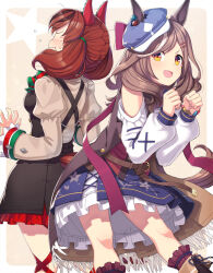 Rule 34 | 2girls, animal ears, bag, bare shoulders, blue headwear, boots, border, brown hair, butt bump, cabbie hat, clenched hands, clothing cutout, ear covers, ears through headwear, hat, highres, horse ears, horse girl, horse tail, itou (onsoku tassha), juliet sleeves, long hair, long sleeves, looking at viewer, matikane tannhauser (umamusume), multicolored hair, multiple girls, nice nature (umamusume), open mouth, puffy sleeves, red hair, shoulder bag, shoulder cutout, skirt, smile, streaked hair, tail, twintails, umamusume, white border, white hair, yellow eyes