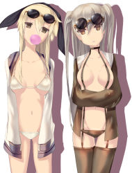 Rule 34 | 10s, 2girls, amatsukaze (kancolle), armadillo-tokage, bikini, black legwear, breasts, brown dress, brown eyes, blowing bubbles, collarbone, cowboy shot, crossed arms, dress, garter straps, groin, hairband, kantai collection, long hair, long sleeves, looking at viewer, midriff, multiple girls, open clothes, parted lips, sailor dress, shimakaze (kancolle), short dress, silver hair, skinny, sleeves past wrists, small breasts, stomach, sunglasses, swimsuit, thigh gap, thighhighs, thighs, two side up, white bikini