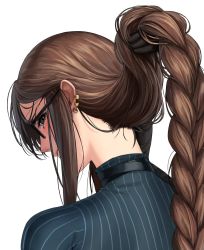 Rule 34 | 1girl, blue sweater, braid, braided ponytail, brown hair, choker, commentary request, earrings, fate/grand order, fate (series), from behind, glasses, hair lift, highres, jewelry, long braid, long hair, looking at viewer, looking back, neck, ponytail, sidelocks, single braid, solo, striped clothes, striped sweater, sweater, very long hair, yu mei-ren (fate), yu mei-ren (first ascension) (fate), zonotaida