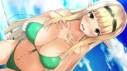 Rule 34 | 1girl, bare arms, bare legs, bare shoulders, bikini, bikini top only, blonde hair, blush, breasts, cleavage, elf, eyebrows, game cg, green bikini, green eyes, hairband, hands on own chest, huge breasts, legs, long hair, looking at viewer, navel, ocean, outdoors, parted lips, pointy ears, sengo muramasa: ken no gaika, sky, solo, standing, swimsuit, thighs, thong, water