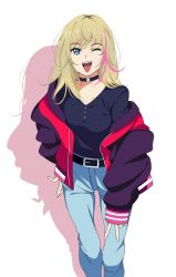 Rule 34 | 1girl, belt, black shirt, blonde eyebrows, blonde hair, blue eyes, bomber jacket, choker, cross, cross necklace, denim, highres, jacket, jeans, jewelry, kawai rika, multicolored hair, necklace, one eye closed, oshimaidebu, pants, red jacket, shirt, simple background, solo, streaked hair, tongue, tongue out, two-tone hair, v, v-neck, white background, wonder egg priority