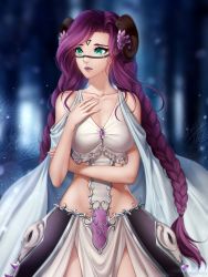 Rule 34 | 1girl, arm under breasts, armor, bad id, bad pixiv id, bare shoulders, blurry, blurry background, braid, breasts, cleavage, commission, flower, frills, gem, gigamessy, green eyes, groin, hair flower, hair ornament, halterneck, hand on own chest, horns, jewelry, large breasts, nose, original, pelvic curtain, purple hair, skull, tattoo, tears, twintails, wavy hair