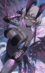 Rule 34 | 1girl, bare shoulders, black dress, breasts, choker, cleavage, collarbone, colored skin, detached sleeves, dress, fate/grand order, fate (series), glasses, grey hair, grey skin, highres, horns, jacques de molay (foreigner) (fate), jacques de molay (foreigner) (third ascension) (fate), large breasts, looking at viewer, short dress, short hair, thighs, torahime (roland00), yellow eyes
