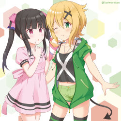 Rule 34 | 2girls, :o, ;t, akatsuki kirika, black camisole, black hair, blonde hair, blush, bow, breasts, camisole, closed mouth, collarbone, commentary request, crepe, demon tail, drawstring, dress, eating, food, green eyes, green jacket, green shorts, hair between eyes, hair bow, hair ornament, holding, holding food, hood, hood down, hooded jacket, jacket, kaiware-san, midriff, multiple girls, navel, parted lips, pink bow, pink dress, puffy short sleeves, puffy sleeves, purple eyes, senki zesshou symphogear, short shorts, short sleeves, shorts, sidelocks, small breasts, striped clothes, striped legwear, striped thighhighs, tail, thighhighs, tsukuyomi shirabe, twintails, twitter username, x hair ornament